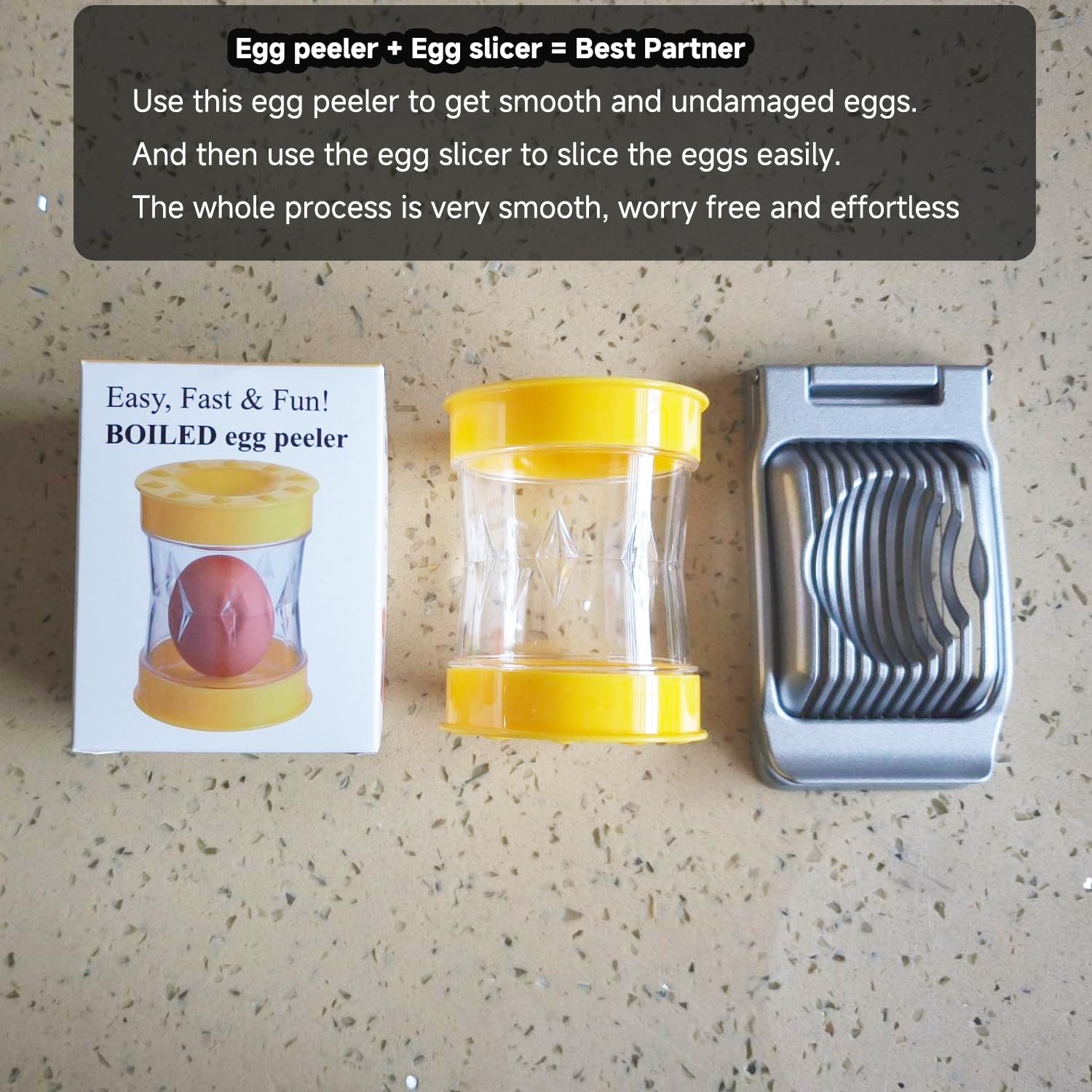 Set of 2 Hard Boiled Egg Peeler + Egg Slicer for Hard Boiled Eggs, Heavy Duty Metal Stainless Steel Egg Cutter for Egg Strawberry Mushroom Soft Fruit Kitchen Tool (Peeler+Slicer (Yellow & Sliver)))