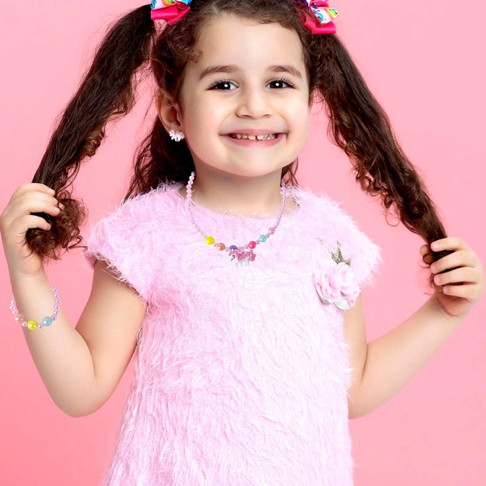 AYNKH 3 Sets Kids Jewellery, 15 PCS Unicorn Bear Butterfly Stretchy Necklace Bracelet Ring Hair Clip, Colorful Gift Party Favors Dress up for Little Girl Toddler - Image 3