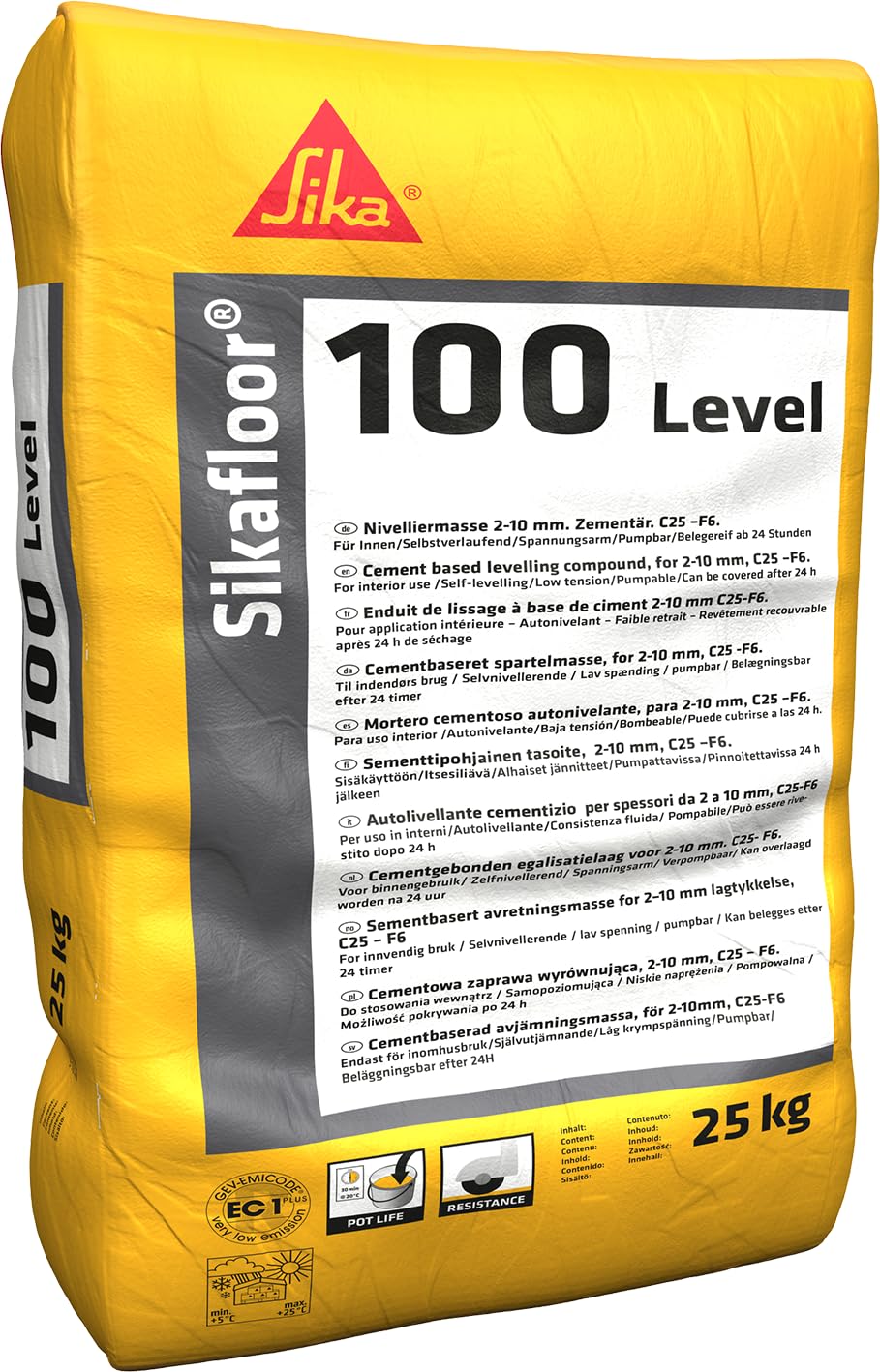 SIKA - Sikafloor 100 Level - Mortero autonivelante para recrecidos de 1 a 10 mm en interiores - De fácil aplicación - 25kg, Gris