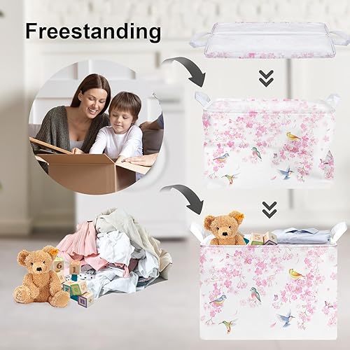 Miniatura 3 de Clastyle Cesta de regalo de flores rosas con cerezo y cerezo para niña, cesta de regalo de flores de pájaro vacía rectangular para ropa, juguetes,