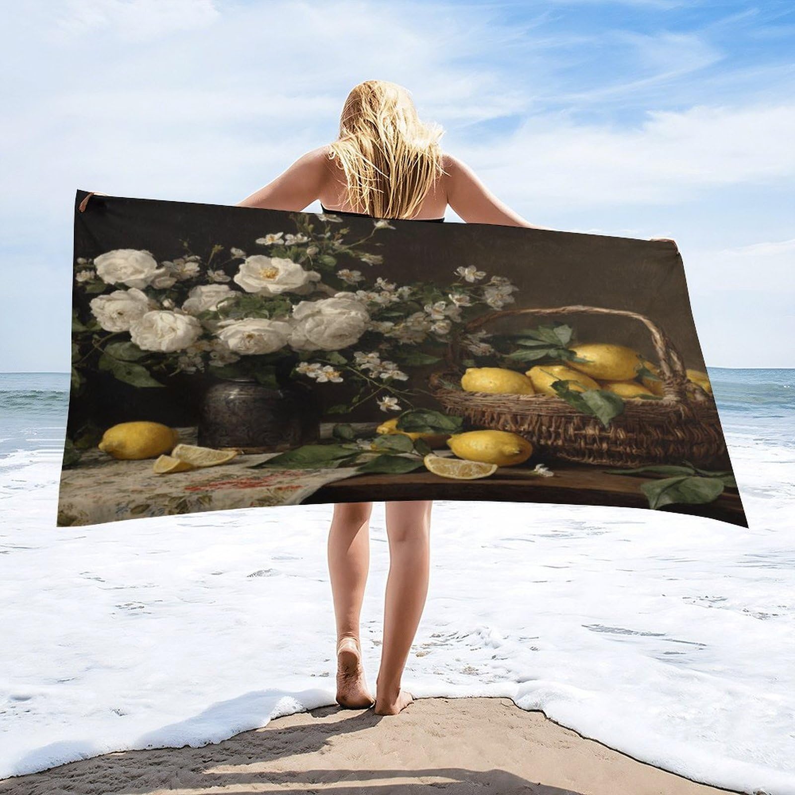 Luyysky Retro Abstract Fruit Lemon Quick-Drying Beach Towel, Classic Watercolor Italian Theme Plant Flower Tropical Lemon Travel Vacation Single Sided Pile Bathroom Towels-80 W Cm X 160" L Cm