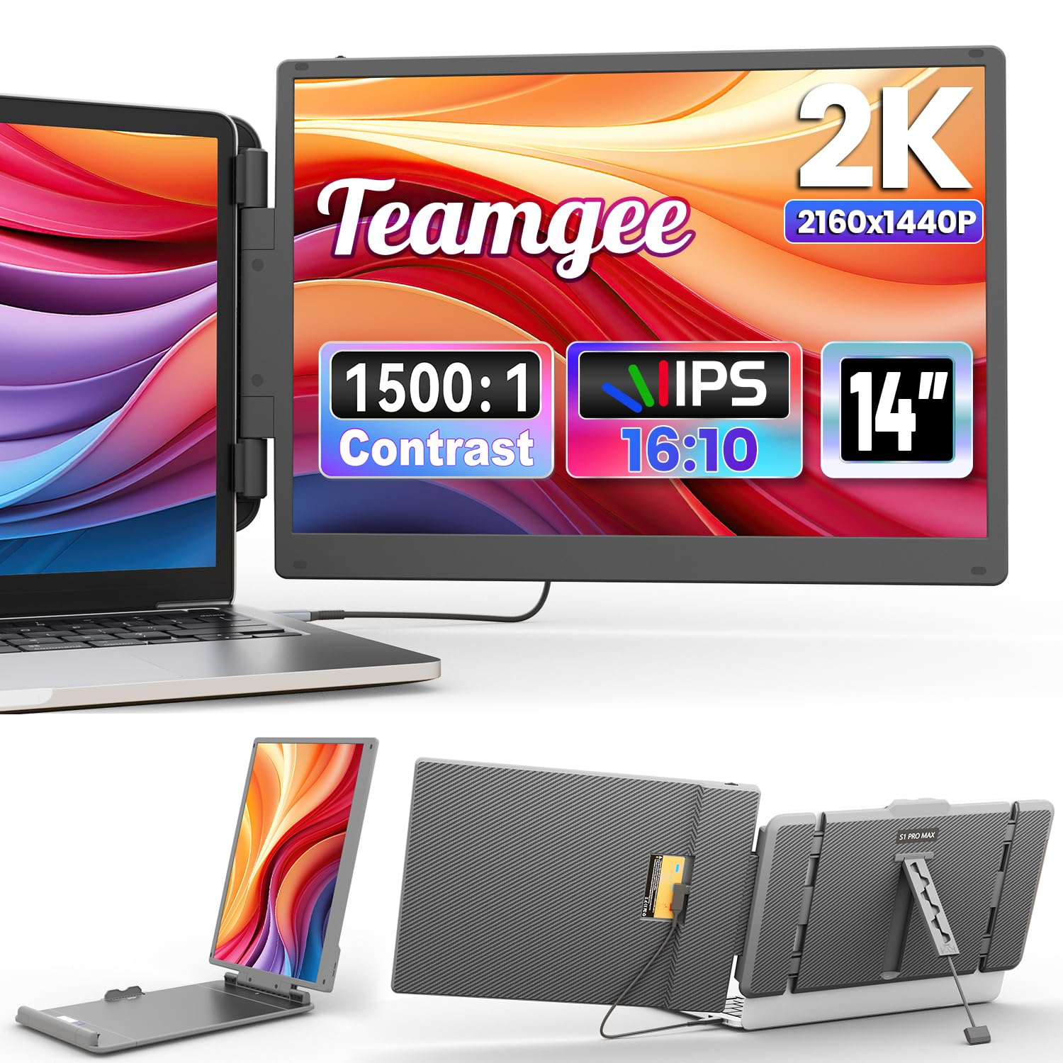 Teamgee 14.1 Monitor portatile color oro rosa - Schermo esterno ultra sottile 1080P per laptop con supporto di alta qualità. Compatibile con laptop13-17 Mac/Wins/DeX, 0,6 kg