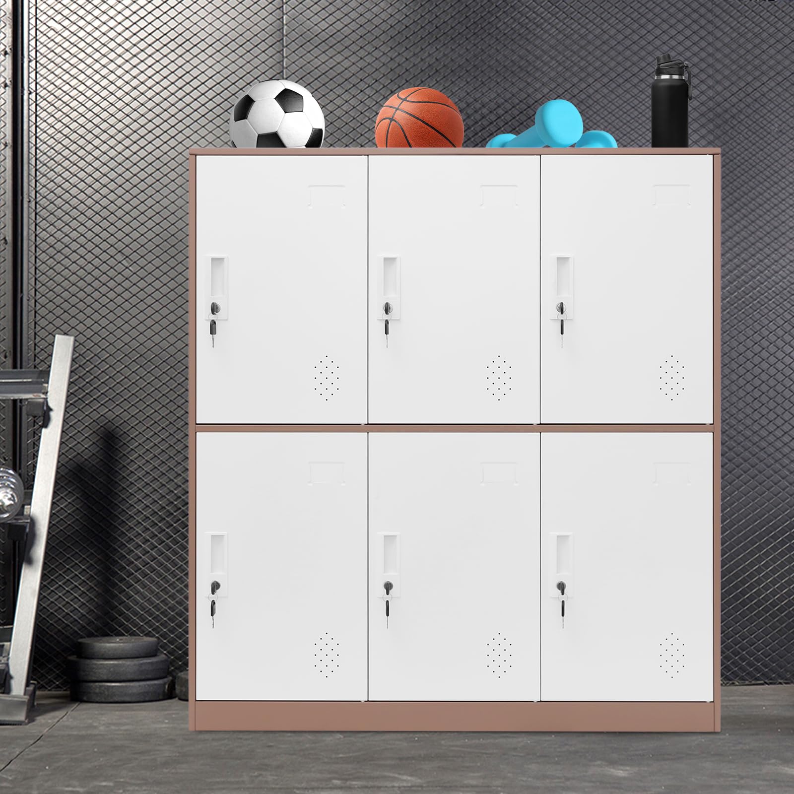 Komoda, Chest of Drawers, szafka do przechowywania z 6 zamykanymi półkami, nośność 220 kg, konstrukcja stalowa, nowoczesne wzornictwo do biura/domu (kolor biały + kawowy)