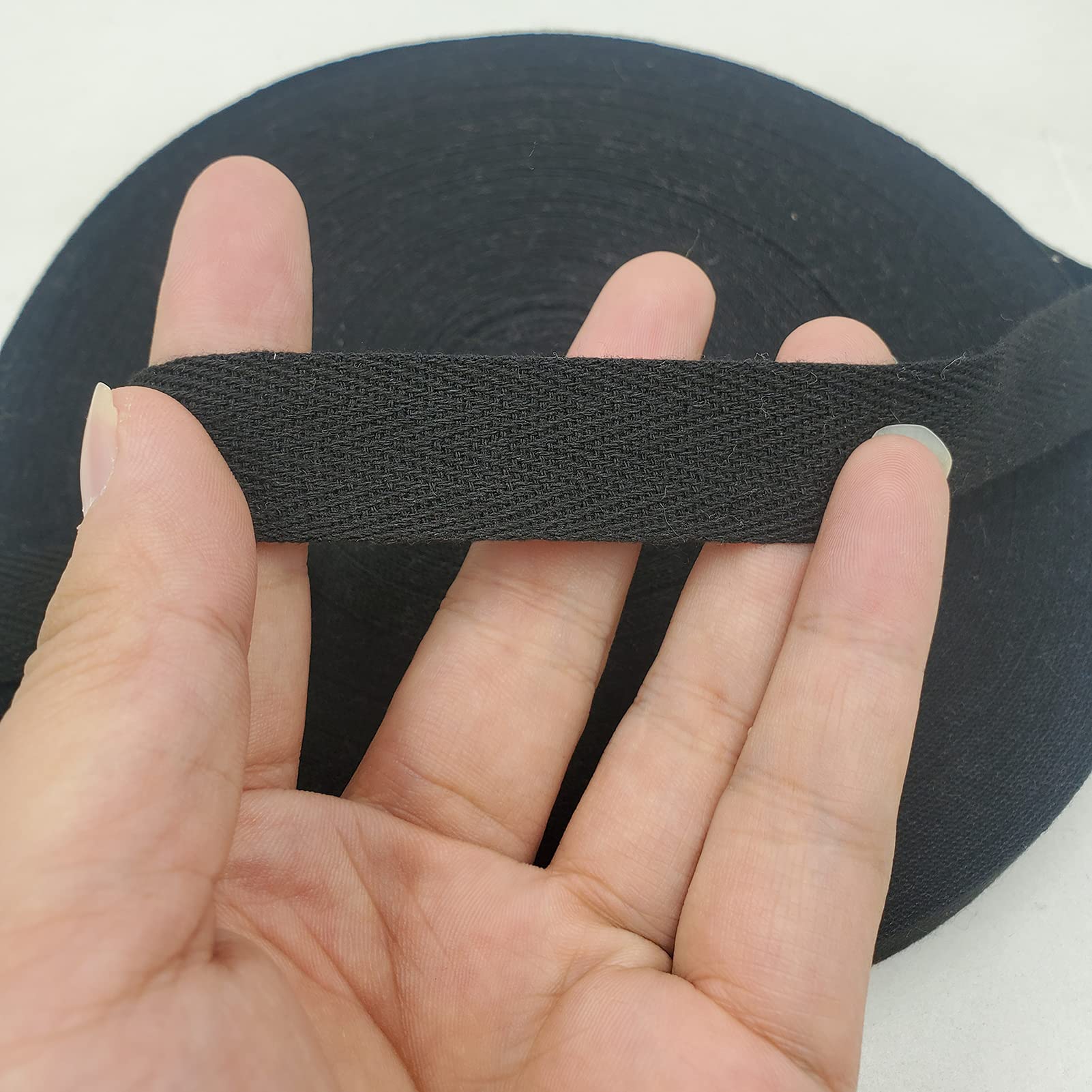 50 Yards Herringbone Cotton Twill Tape - 5/8 Inch Wide, Natural Webbing Bias Binding For Sewing, Crafts, DIY (Black)