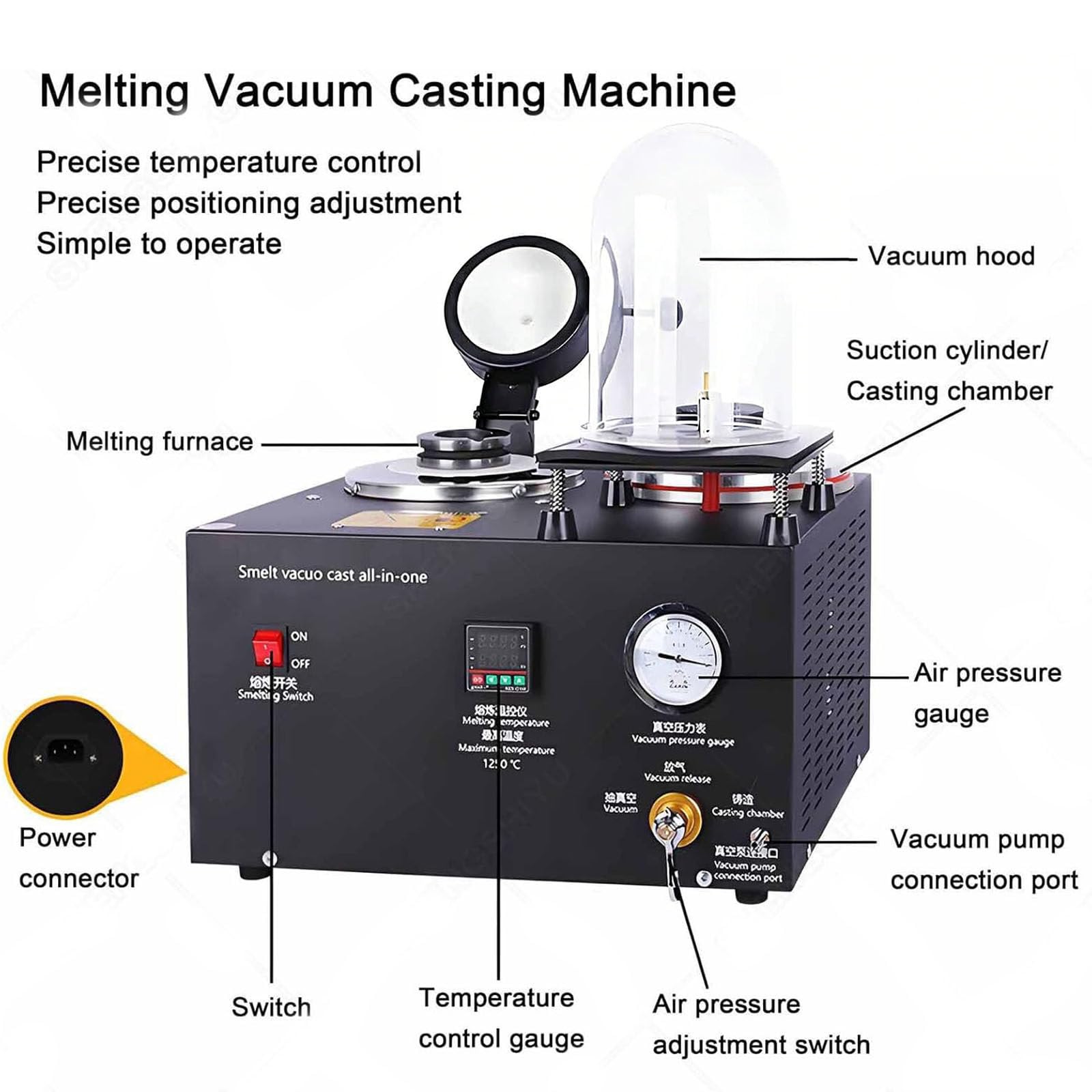 Máquina de fundición al vacío de 1500 W para joyas de cera perdida, tarro de campana todo incluido para manualidades de cobre dorado y plateado de alta densidad, capacidad eficiente de 2 kg