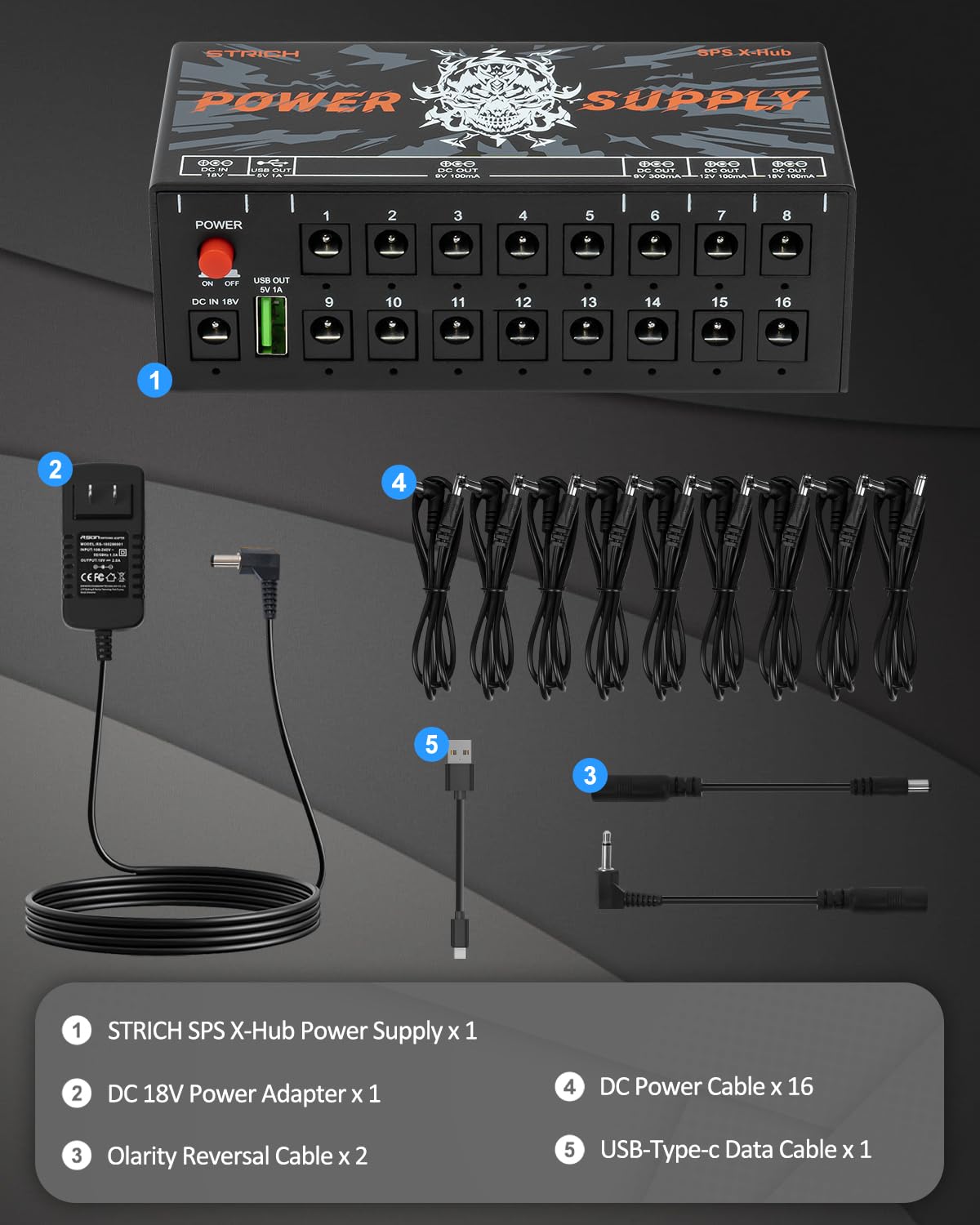 STRICH SPS X-Hub - Alimentatore per pedale per chitarra da 9 V/12 V/18 V, 100 mA - 300 mA, 16 Uscite Indipendenti, protezione da corto circuito e silenziosa, porta USB 5 V 1 A compatibile