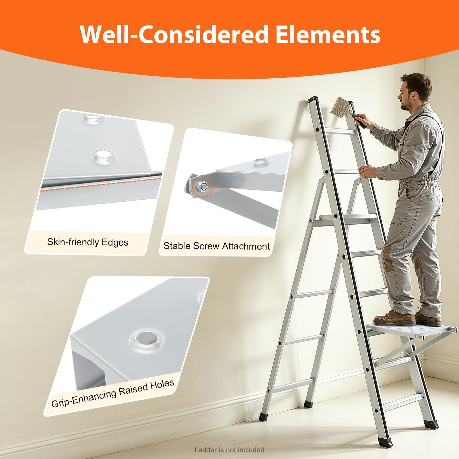 Échelle de travail à suspendre, pliable, pour échelle multifonction, plateforme articulée avec capacité de charge de 150 kg, antidérapante, structure triangulaire, plateau à outils, argent, bords