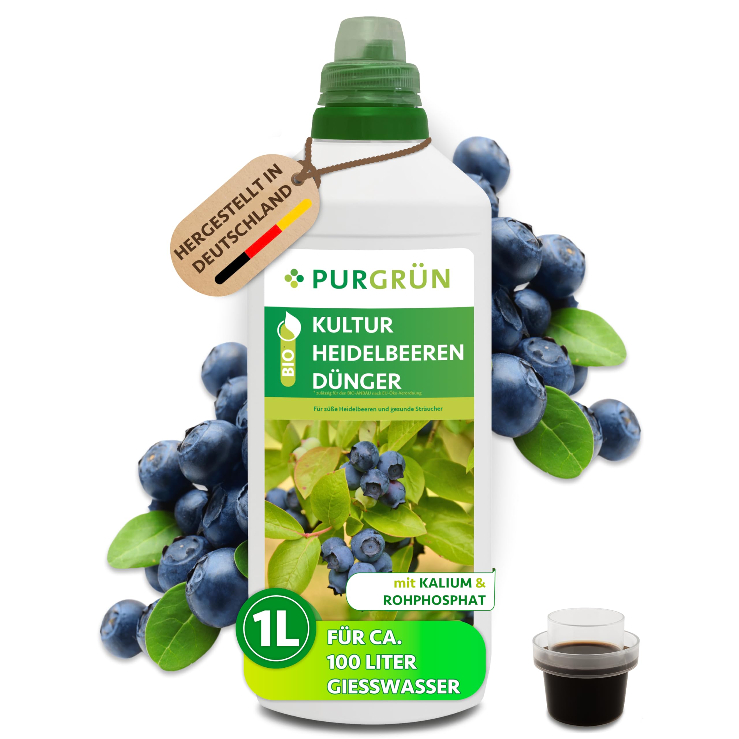 Bio-Kulturheidelbeeren-Dünger 1 Liter – Organische Rezeptur – Premium-Flüssigdünger – NPK 3+2+6 – Mit Algenextrakt & Vinasse – Für aromatische Früchte – Ohne tierische Inhaltsstoffe