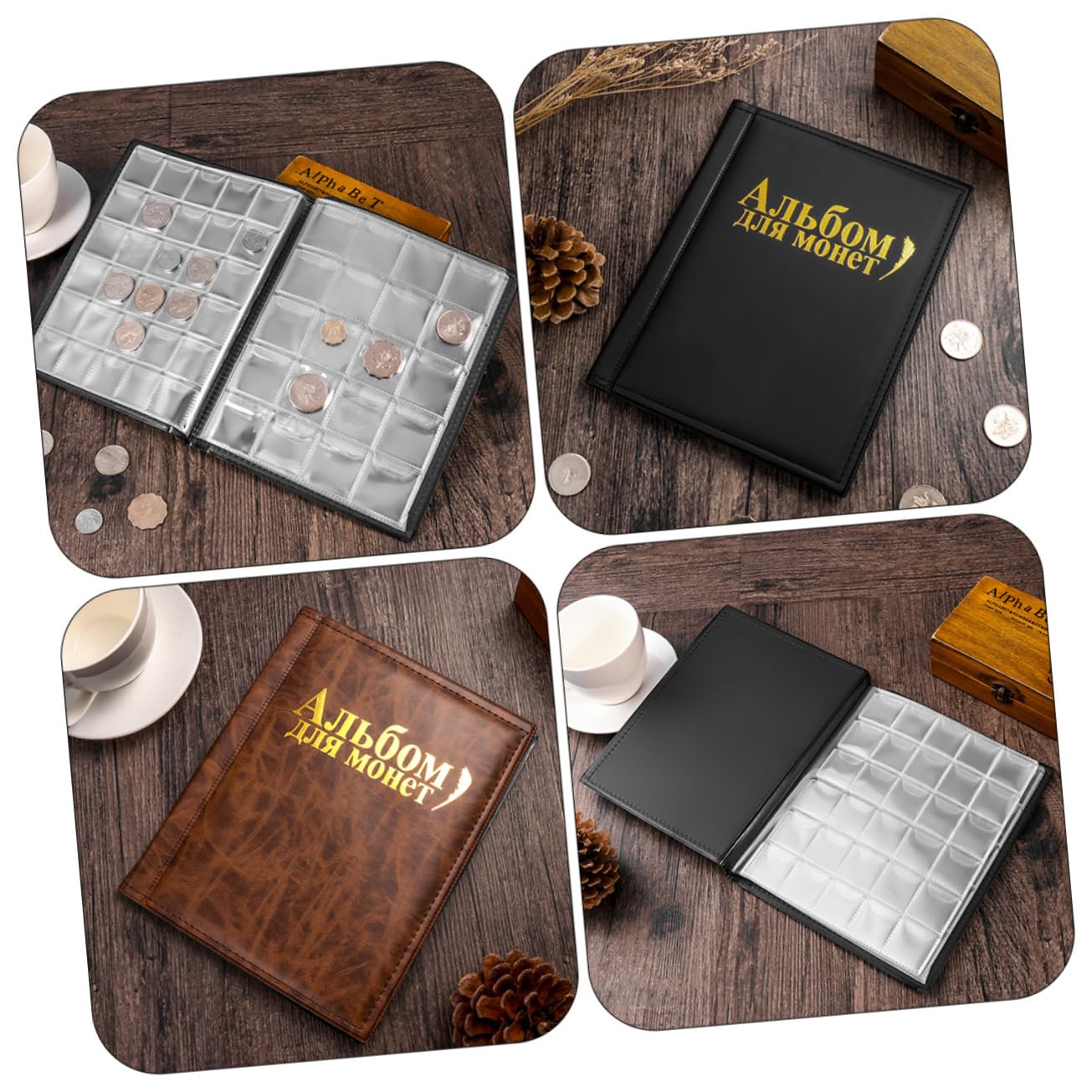 Album per Monete da Collezione 2 Pezzi, in Pu Nero | Monete e Monete Commemorative, Pagine Piatte e Spesse, Angoli Arrotondati, Stile Semplice