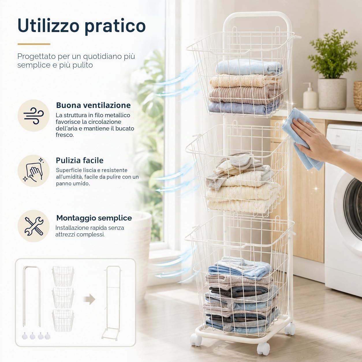 Cesto portabiancheria a 3 scomparti, con 4 ruote e cestini rimovibili | Cestino per bucato in metallo a 3 livelli, bianco. Capacità di 22 libbre per scaffale. Cassetti rimovibili con maniglie