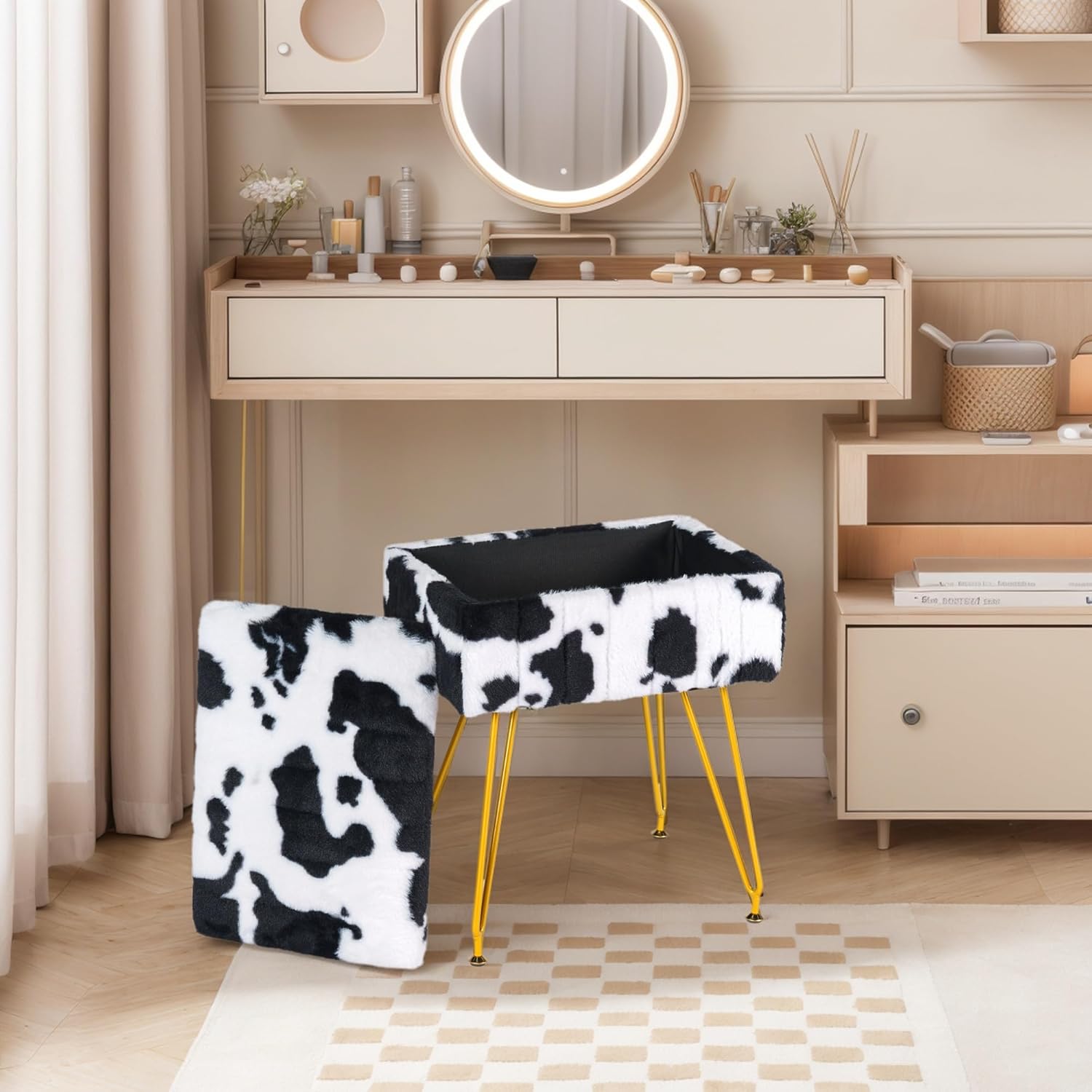 Multifunctional Vanity Stool Chair for Vanity, Padded Seat, Storage Ottoman in Rectangle Fuzzy Fluffy Design, Footrest and 4 Gold Legs for Makeup Room, Bedroom, Living Room, Cow