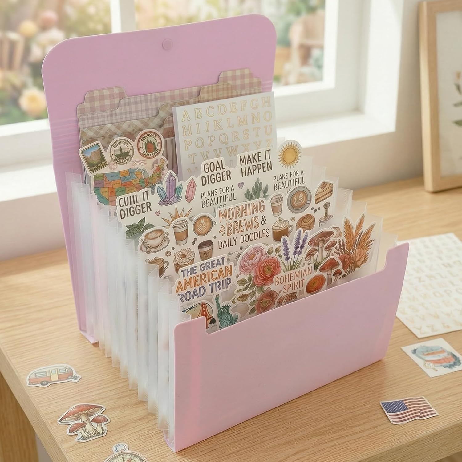 Sticker Storage Organizer with 13 Expandable Pockets, Multi-Layer Desktop Sticker Binder for Scrapbook Essentials and Journal Organizer, Large Capacity for Thick Sticker Album, Washi Tape(Purple)