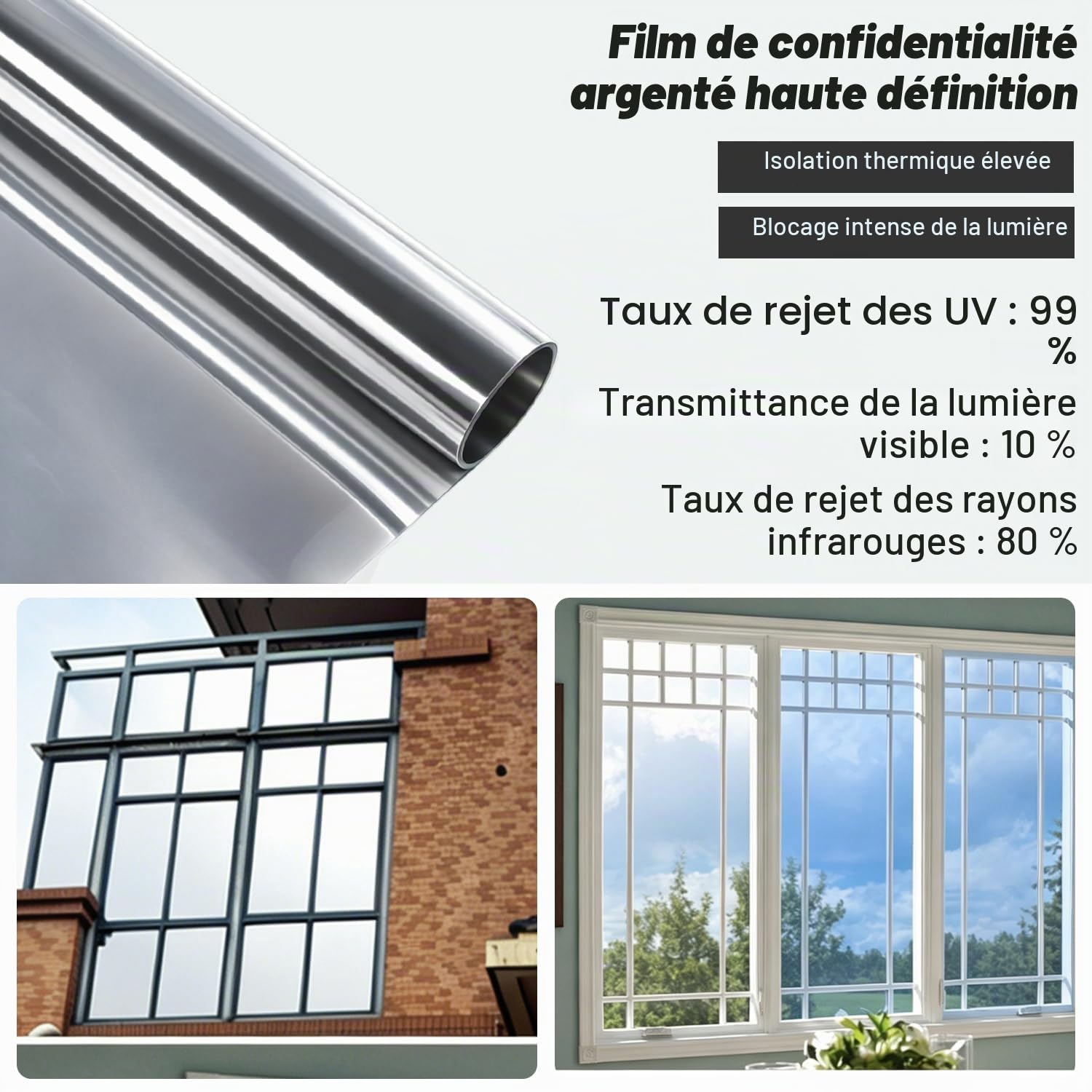 Tissting Teinte de Fenêtre 100X500Cm, Isolation Thermique, Pare-Soleil, Film de Confidentialité, Film Miroir Décoratif Statique Unidirectionnel pour la Maison et Le Bureau