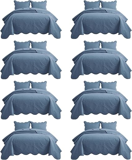 IR Imperial Rooms 8 Pack Quilt King Size Bedding (106" x 96") - Bulk Wholesale for Hotels, Guest Bedroom & Airbnbs - Lightweight Microfiber Reversible Floral Embossed Quilts Bedspreads (Light Blue)