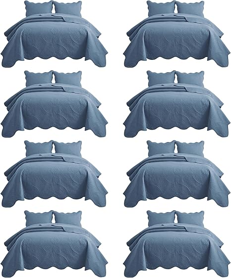 IR Imperial Rooms 8 Pack Quilt King Size Bedding (106" x 96") - Bulk Wholesale for Hotels, Guest Bedroom & Airbnbs - Lightweight Microfiber Reversible Floral Embossed Quilts Bedspreads (Light Blue)