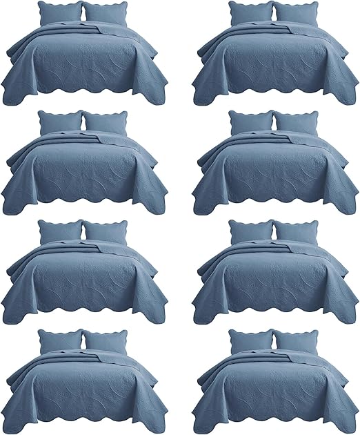 IR Imperial Rooms 8 Pack Quilt King Size Bedding (106" x 96") - Bulk Wholesale for Hotels, Guest Bedroom & Airbnbs - Lightweight Microfiber Reversible Floral Embossed Quilts Bedspreads (Light Blue)