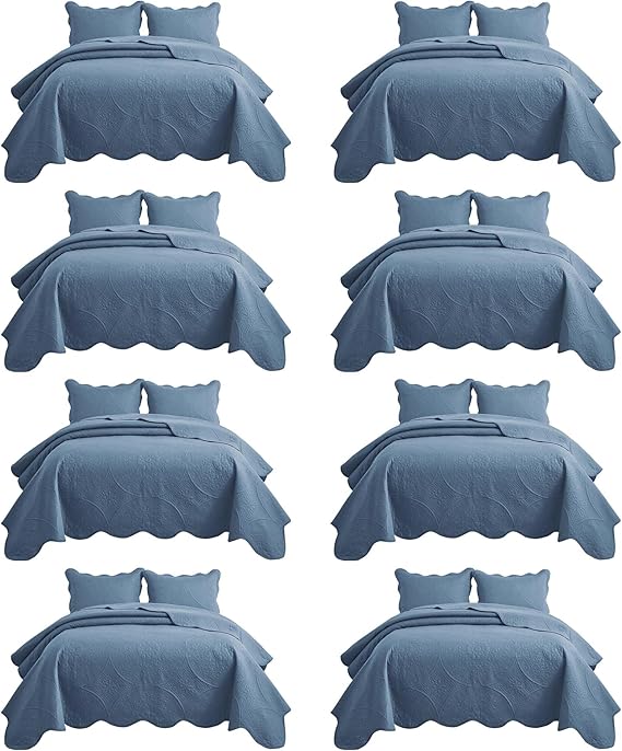 IR Imperial Rooms 8 Pack Quilt King Size Bedding (106" x 96") - Bulk Wholesale for Hotels, Guest Bedroom & Airbnbs - Lightweight Microfiber Reversible Floral Embossed Quilts Bedspreads (Light Blue)