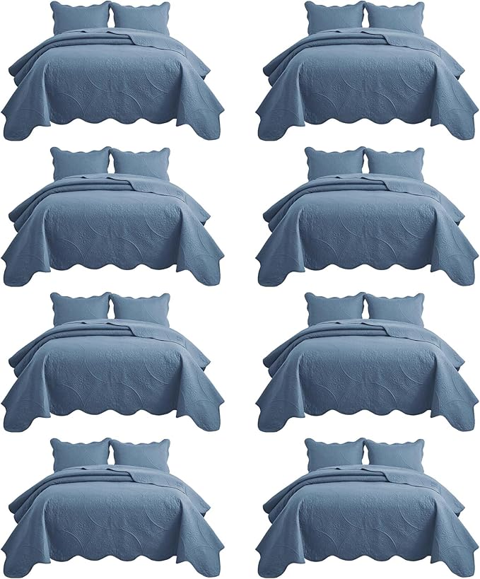 IR Imperial Rooms 8 Pack Quilt King Size Bedding (106" x 96") - Bulk Wholesale for Hotels, Guest Bedroom & Airbnbs - Lightweight Microfiber Reversible Floral Embossed Quilts Bedspreads (Light Blue)