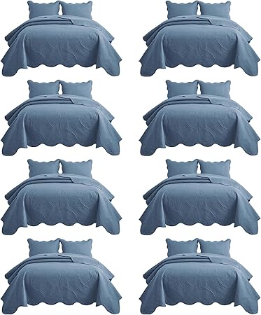 IR Imperial Rooms 8 Pack Quilt King Size Bedding (106" x 96") - Bulk Wholesale for Hotels, Guest Bedroom & Airbnbs - Lightweight Microfiber Reversible Floral Embossed Quilts Bedspreads (Light Blue)