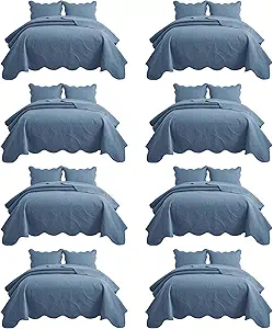 IR Imperial Rooms 8 Pack Quilt King Size Bedding (106" x 96") - Bulk Wholesale for Hotels, Guest Bedroom & Airbnbs - Lightweight Microfiber Reversible Floral Embossed Quilts Bedspreads (Light Blue)