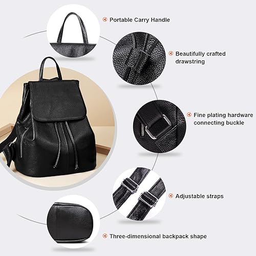 Miniatura 6 de Mochila de cuero para mujer bolso de cuero genuino con diseño multiusos, bolsos de hombro para mujer, mochila de viaje, Negro -, Mochilas Daypack