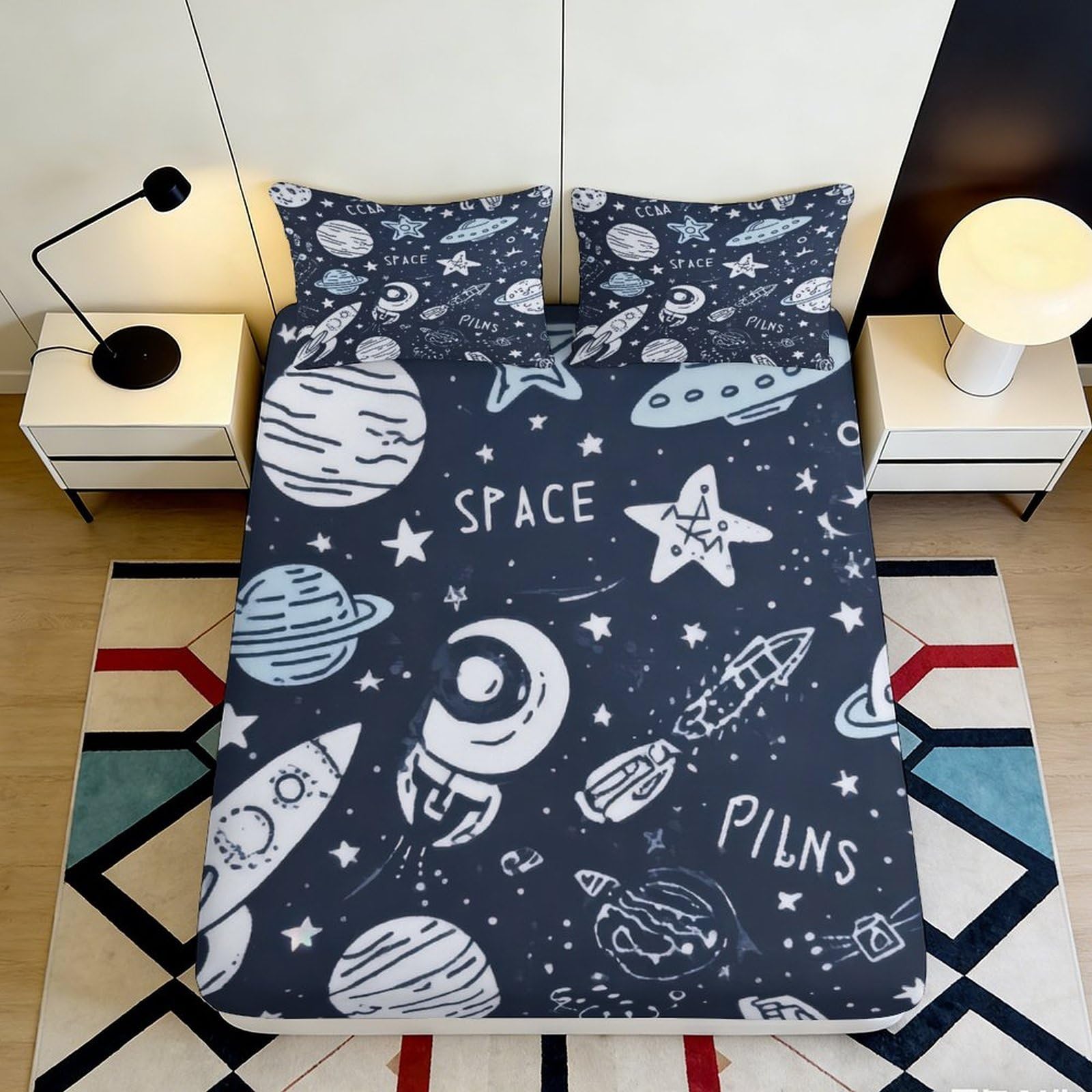 3D Printed Space Planet Fitted Sheet Microfiber Soft Breathable Cosmic Rocket Mattress Cover for Bedroom Dorm Decor 90x200x25cm