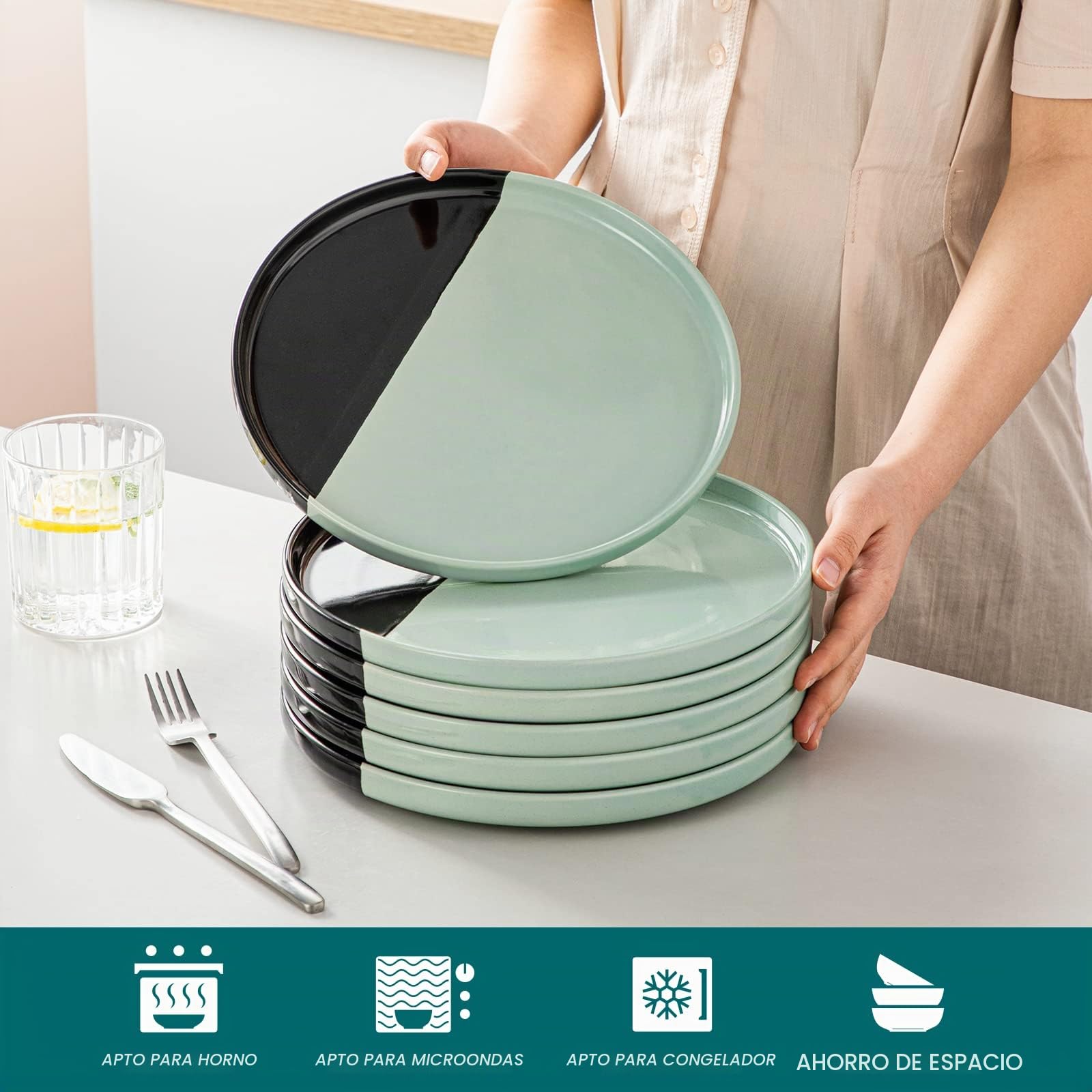 vancasso Aria - Juego de 6 platos llanos de cerámica resistentes a los arañazos, de 10 pulgadas, aptos para lavavajillas y microondas, platos de postre, platos de pasta, platos de ensalada, para plato