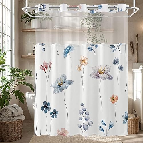 Miniatura 6 de Juego de cortina de ducha y forro sin gancho, cortinas de ducha florales de acuarela azul beige para baño, juegos de cortinas de baño modernos de