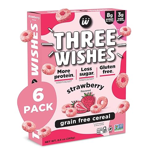 Three Wishes - Cereales de desayuno sin proteínas y gluten, fresa, paquete de 6, bocadillos altos en proteínas y bajos en azúcar con sabores