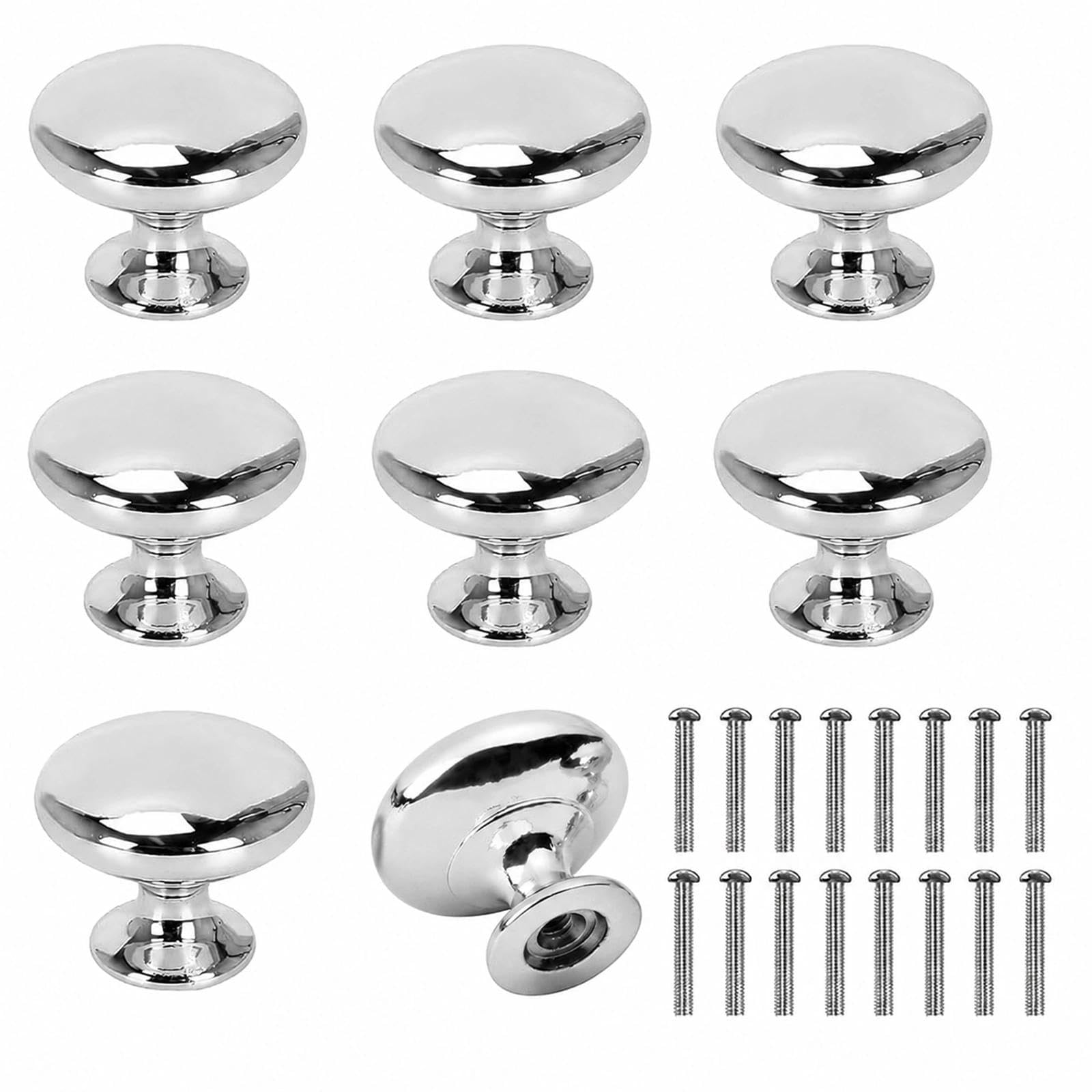 8 PCS Large Kitchen Door Knobs, 30 x 25 mm Round Chrome Cabinet Knobs