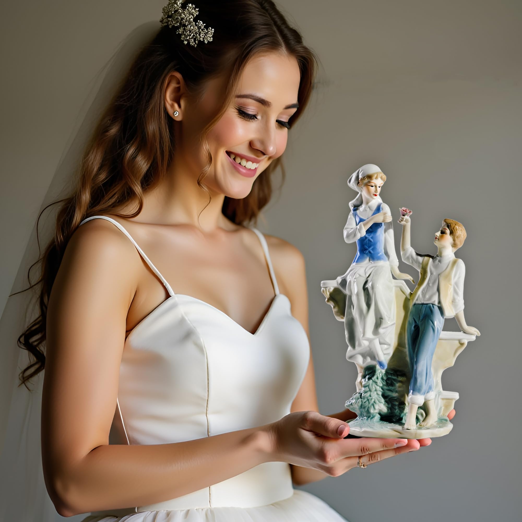 MTME Statuetta in porcellana, motivo: signora con fiori, cimeli, regali di nozze, statua decorativa per la casa (Marry me)