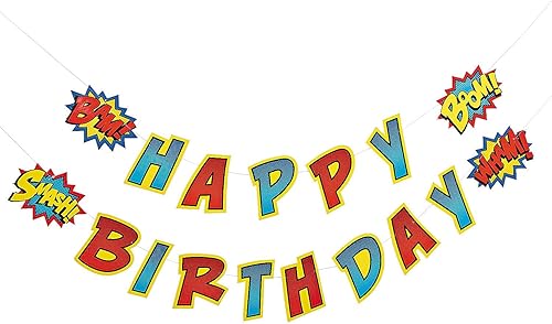Fun Express - Guirnalda de cumpleaños de superhéroe para cumpleaños - Decoración de fiesta - Decoración colgante - Guirnalda - Cumpleaños - 2 piezas