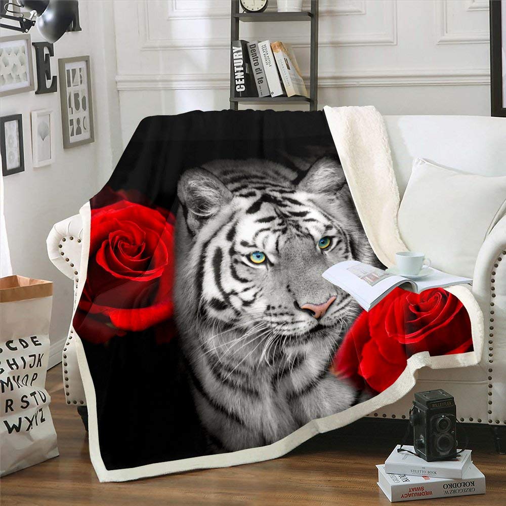 White Tiger Sherpa Blanket Sofa Bed 