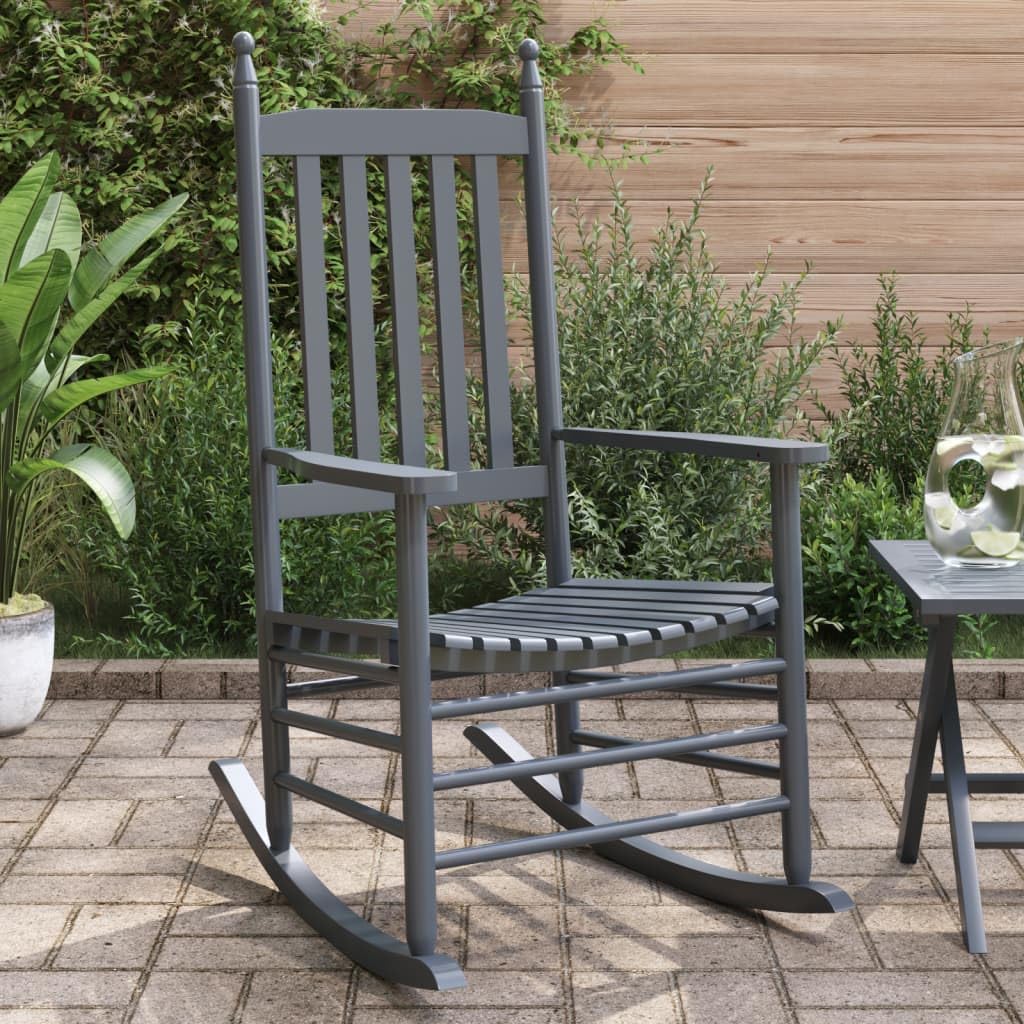2 STK. Graue Schaukelstühle aus massivem Pappelholz mit gebogener Sitzfläche und Armlehnen, hohe Rückenlehne für bequemes Sitzen, ideal für Garten, Terrasse und Balkon, belastbar