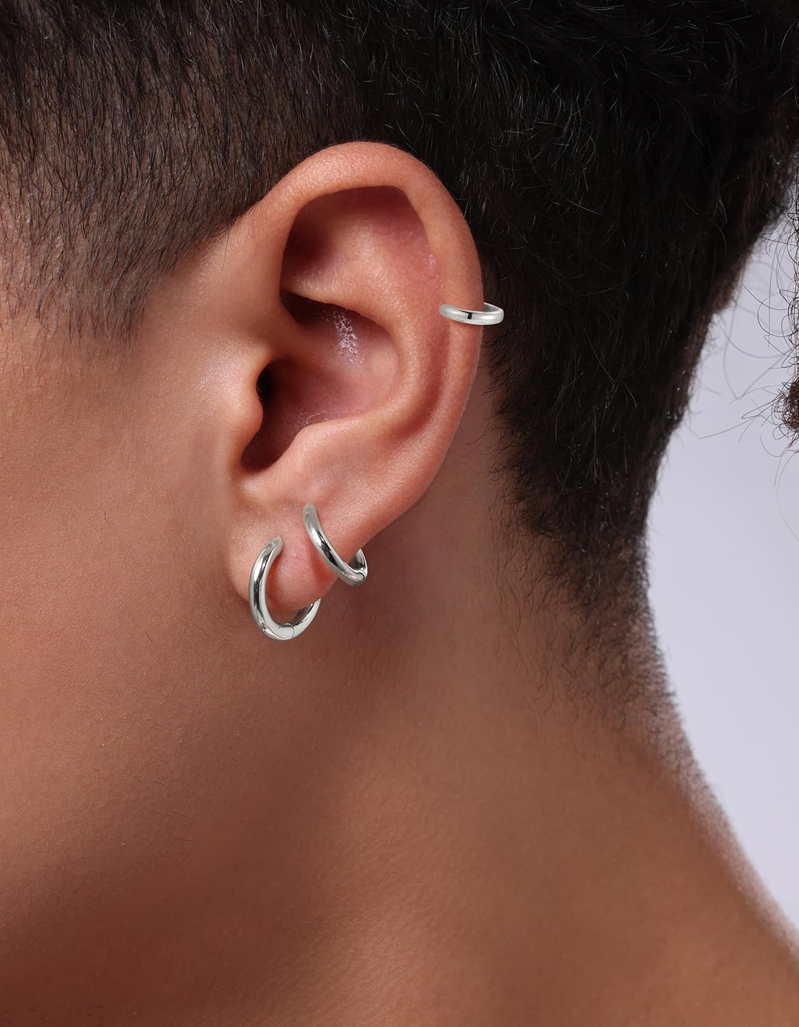 KRKC&CO Hoop Earrings Sterling Silver for Men, White Gold Plated/Black Earrings Sets, Hypoallergenic, Christmas Birthday Gift for Him, Small Piercing Jewelry for Men & Women, 10, 12,15mm - Image 3