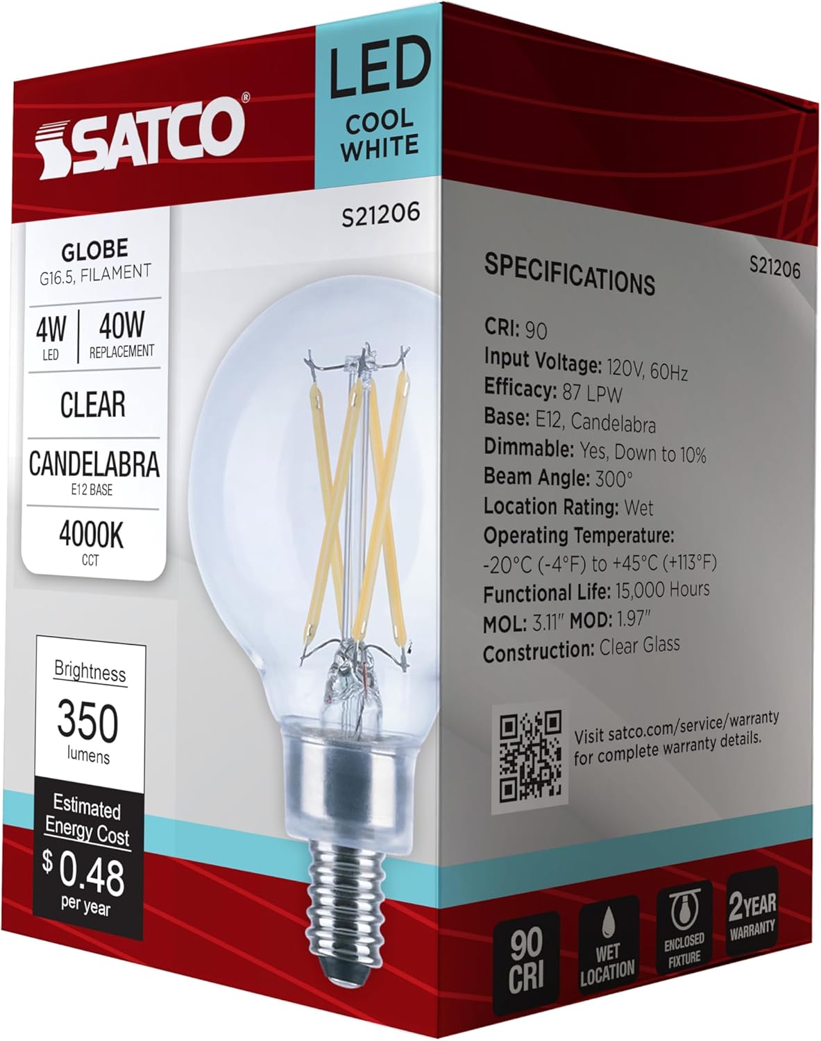 Satco S21206 4W G16.5 LED Filament Lamp, Clear, Candelabra Base, 4000K Cool White, 350 Lumens, 120V, 40W Incandescent Equivalent, Wet Location, 90 CRI, Dimmable, cULus (24 Pack)