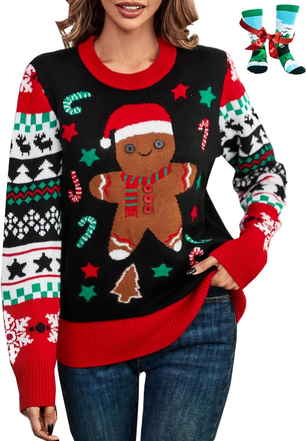 LANPULUX Christmas Sweater for Women Crewneck Adorable Ugly Christmas Sweater Family Matching Outfits Loose Pullover Knitwear