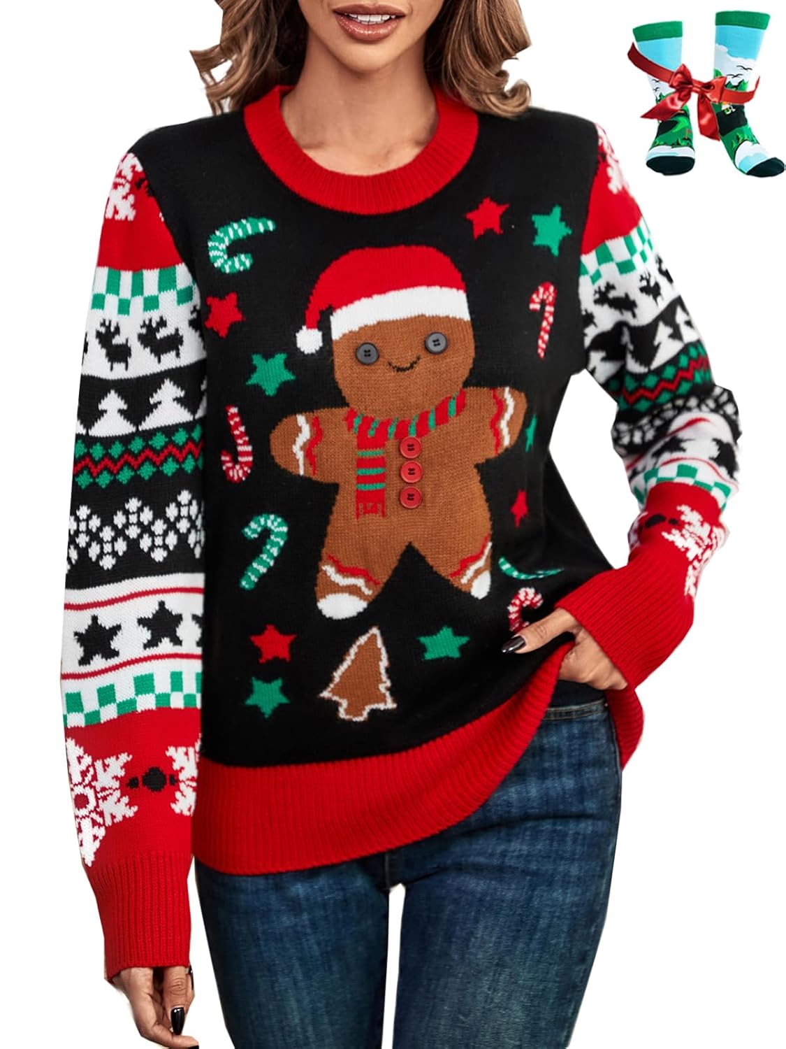 LANPULUX Christmas Sweater for Women Crewneck Adorable Ugly Christmas Sweater Family Matching Outfits Loose Pullover Knitwear
