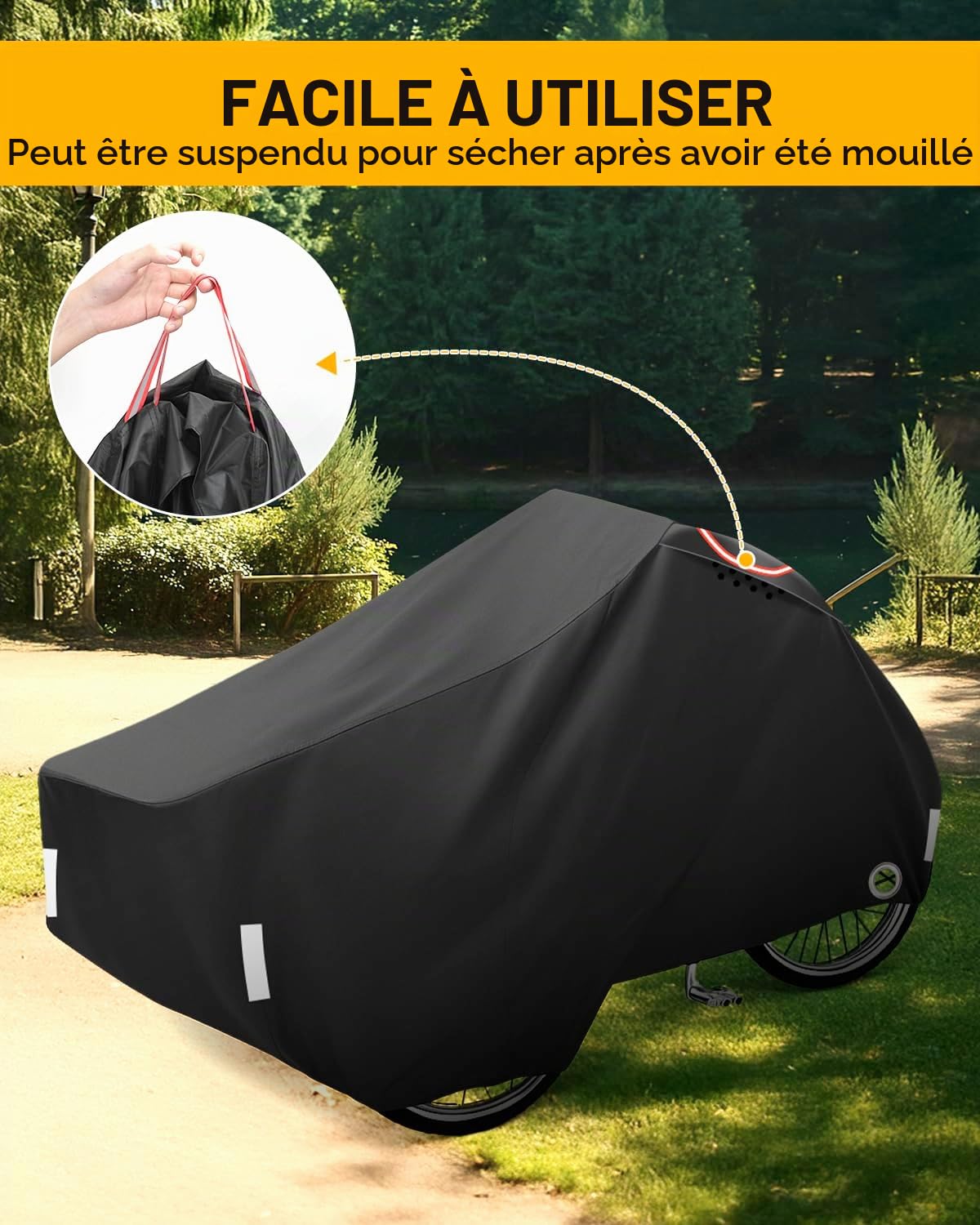 Housse de Protection Vélo Cargo Bache Velo Impermeable Exterieur Housse pour Vélo Cargo avec Bandes Réfléchissantes pour Triporteur 420D Oxford Protection UV 220x105x100cm