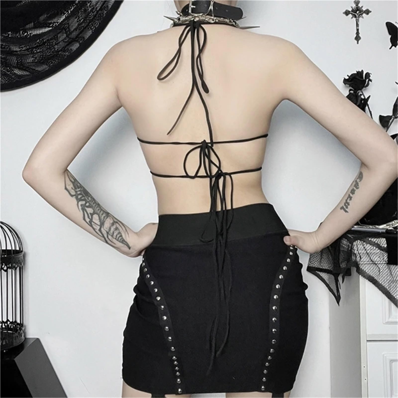 Top in Pizzo Trasparente Sexy a Forma di Farfalla Gotica con Canotta Senza Schienale legata Estiva da Donna per Donne