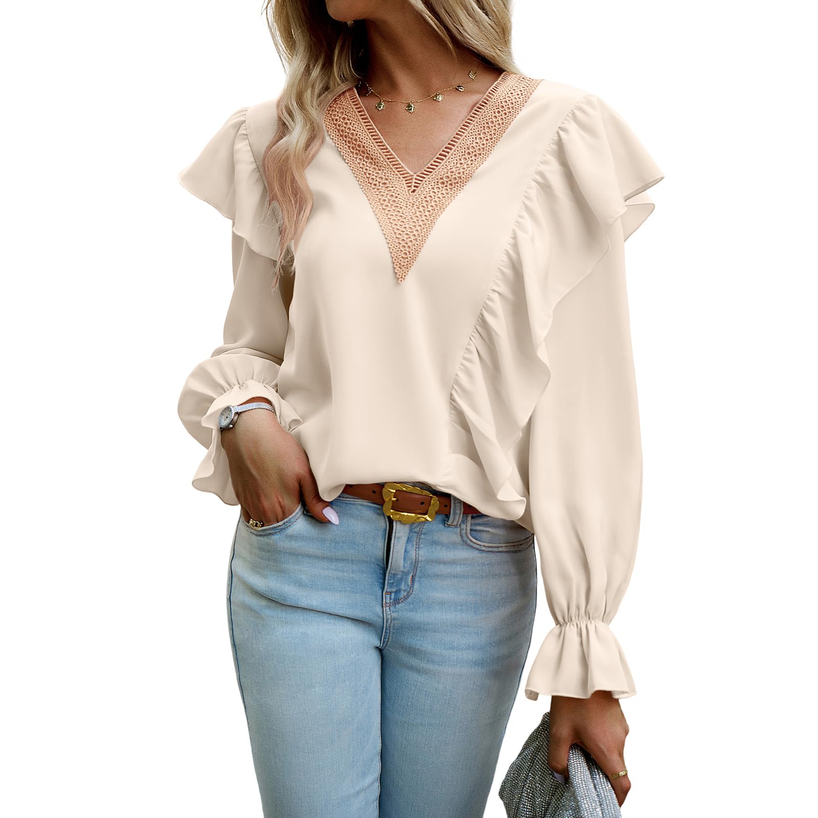 Atxnn Blusas Mujer Elegantes Camisa con Cuello en V Camisetas Boho Tops Manga Larga con Adornos de Encaje para Primavera Otoño
