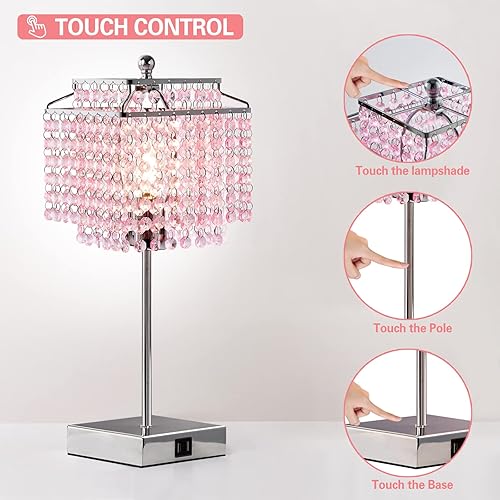 Miniatura 2 de Luvkczc Lámpara de mesa de cristal rosa con control táctil, lámpara regulable de 3 vías con pantalla de cristal para dormitorio de niña, sala de