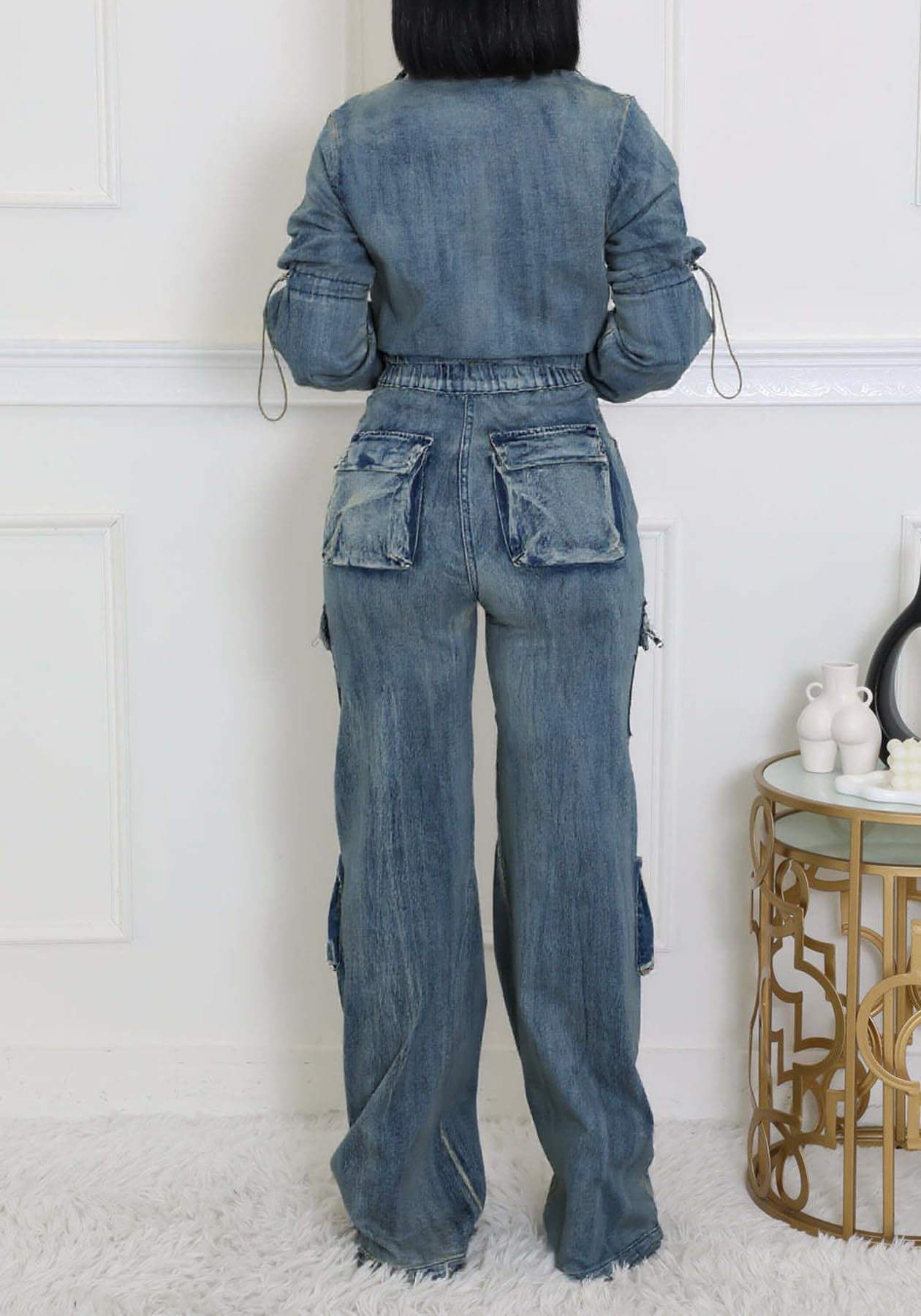 Tbahhir Conjunto de 2 piezas para mujer, trajes de mezclilla de manga larga, pantalones cargo con bolsillos, Y2k