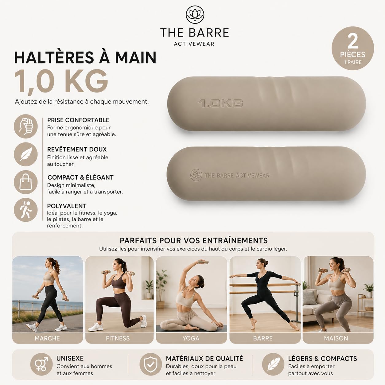 Haltères en Silicone pour Pilates et Yoga – Lot de 2 x 1 kg, Poids Doux et Confortables pour Fitness, Renforcement Musculaire et Entraînement.