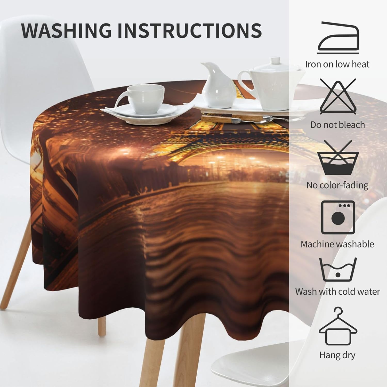 Eiffel Tower Print Wrinkle Free Dining Table Cover for Birthday Party Farmhouse Tablecloths Up to 60 x 60 Inches