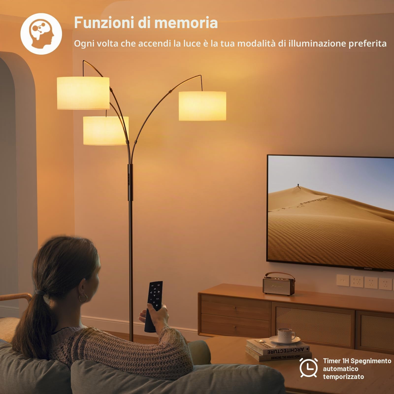 SIBRILLE Lampada ad arco, 36 W, con paralume in tessuto bianco, 3000 lm, lampada da terra super luminosa con telecomando e touch, lampada da terra a LED, dimmerabile, 187 cm, per soggiorno, camera da