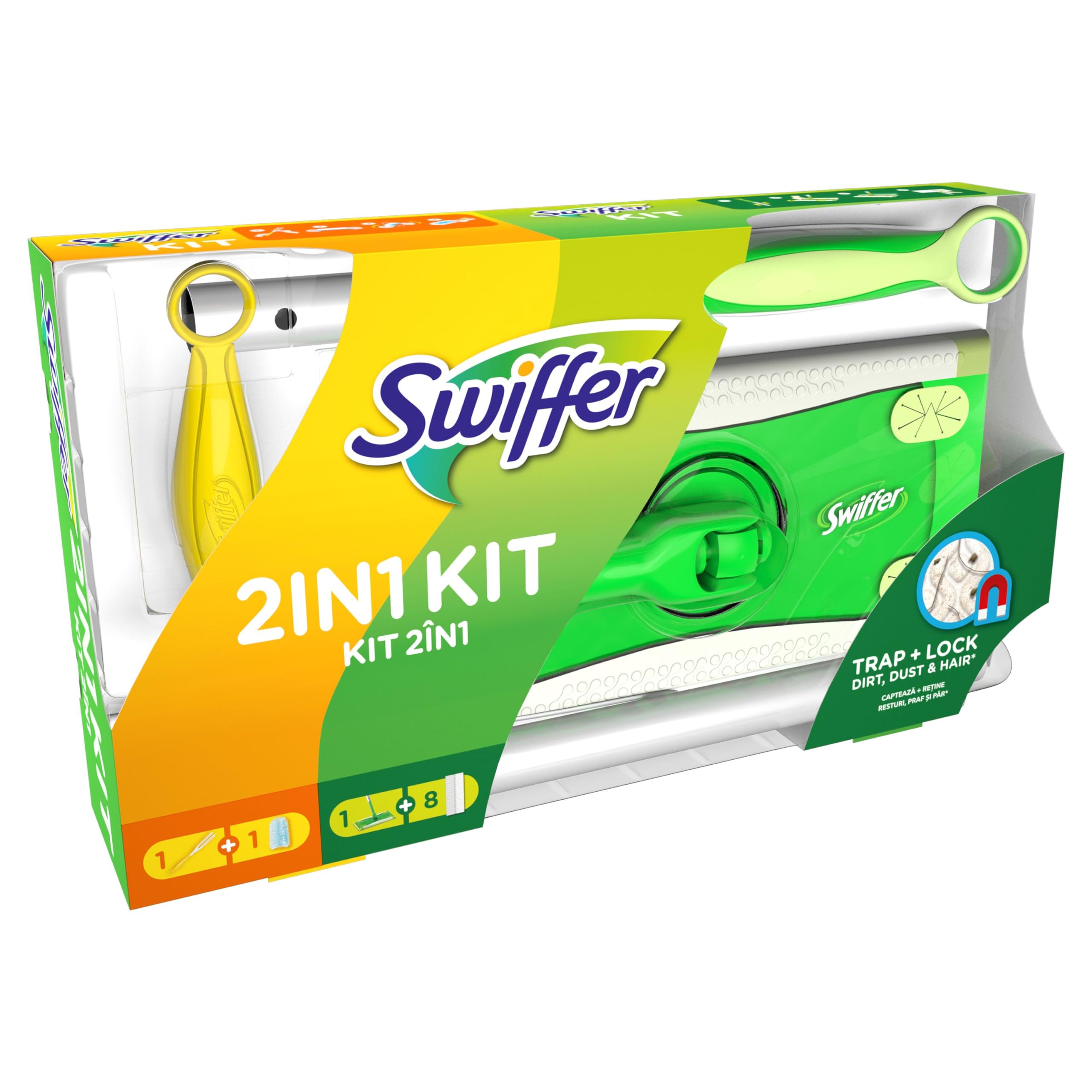 Swiffer Zestaw zawierający 1 mop + 8 suchych ściereczek do podłóg i 1 miotełkę do kurzu + 1 wkład wymienny idealny do zbierania sierści zwierząt domowych