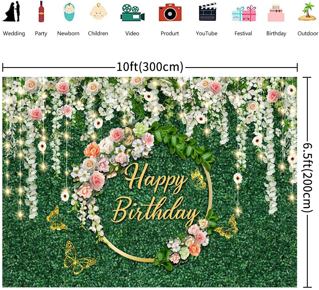 3x2m Sfondo compleanno verde foglie floreale buon compleanno segno poster fotografia sfondo donne ragazze principessa festa compleanno interni decorazioni all'aperto striscione Photo Booth Props