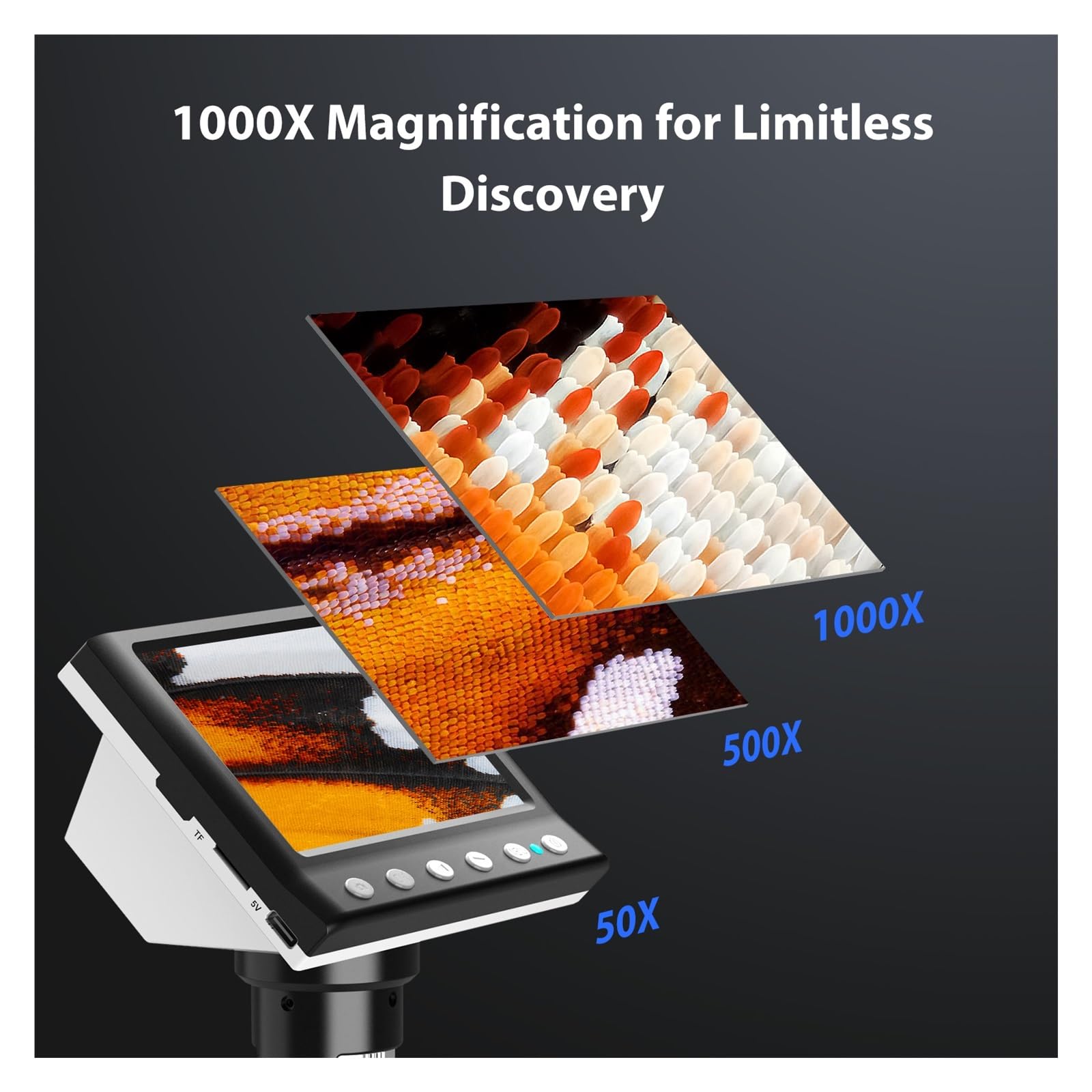 4.3'' Digital Microscope 1000X Coin 1080P Video For Adult Soldering With 8 LEDs, PC View