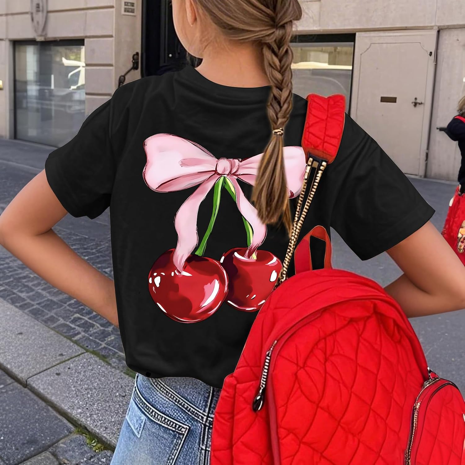 Cute Shirts for Girls Cherry Bow Shirt Kids Graphic Tees Preppy Summer T-Shirt Aesthetic Clothes Trendy Tops